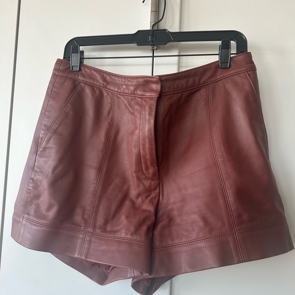 Tibi High Waist Leather Shorts in Deep Brown
